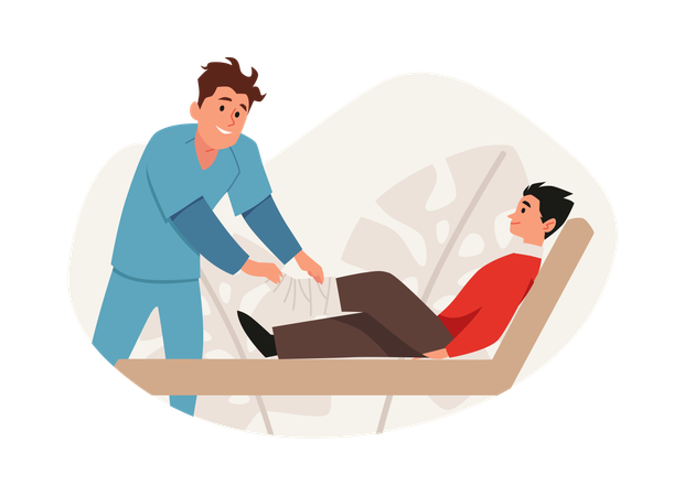 Male nurse provides medical care to patient with broken leg  Illustration
