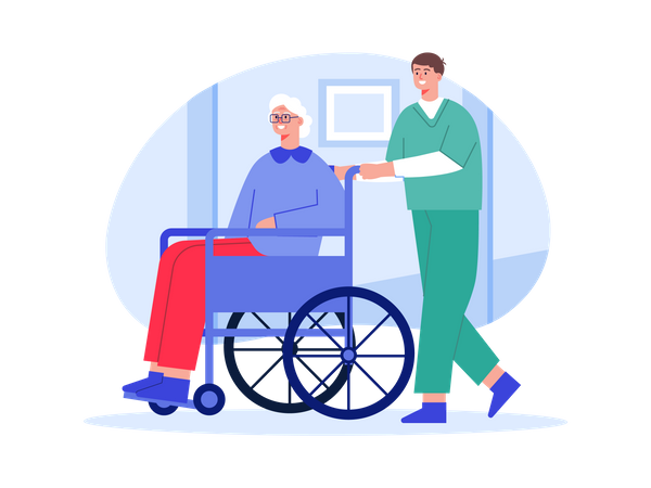 Male nurse pushing wheelchair of aged woman  Illustration