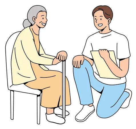 Male Nurse talking with elderly woman  イラスト