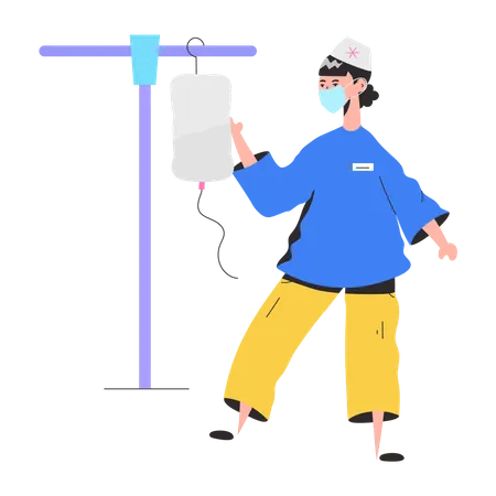 Male Nurse Checking Drip Flat Illustration Illustration