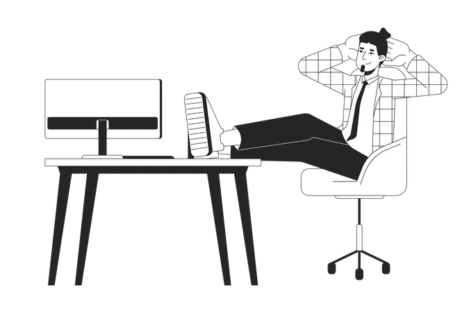 Male Office Worker Sitting With Legs On Table Black And White 2 D Line Cartoon Character Chilling Caucasian Man Employee Isolated Vector Outline Person Work Break Monochromatic Flat Spot Illustration Illustration