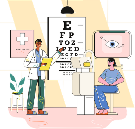 Male ophthalmologist treating female patient  Illustration