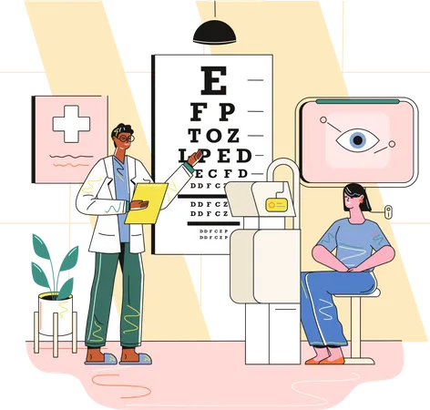 Male ophthalmologist treating female patient  Illustration