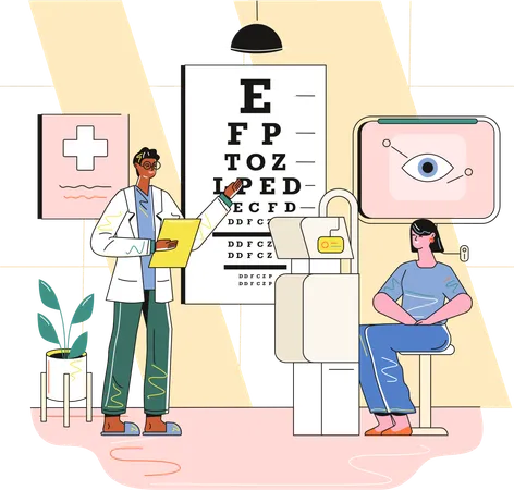 Male ophthalmologist treating female patient  Illustration