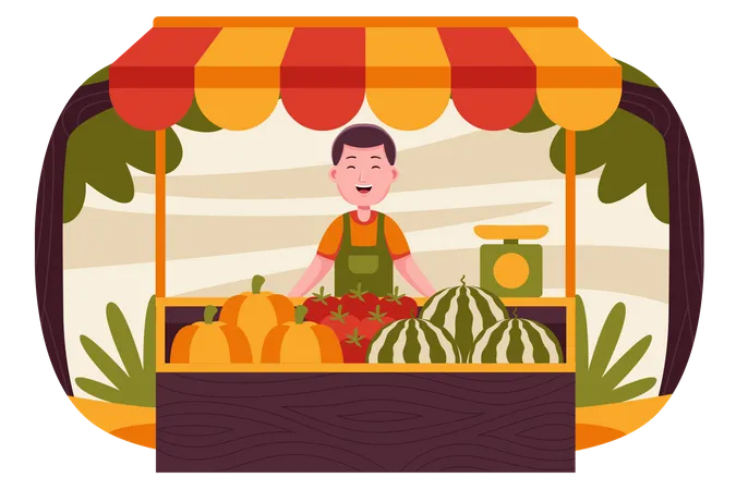Male owner standing at his vegetable stall  Illustration
