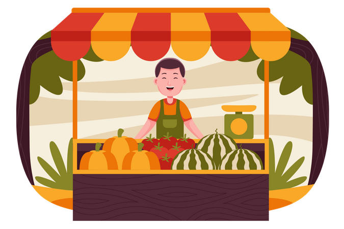 Male owner standing at his vegetable stall  Illustration