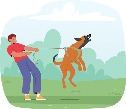 Male owner struggling to control aggressive dog  Illustration