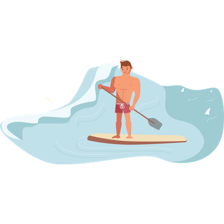 Male paddle surfer rides the Wave  Illustration