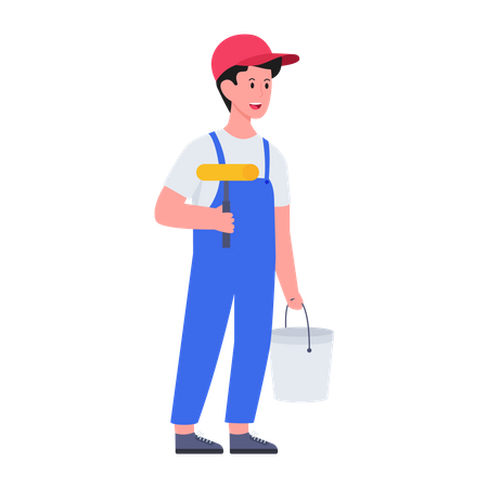 Male Painter holding bucket and brush  Illustration