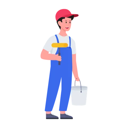 Male Painter holding bucket and brush  Illustration