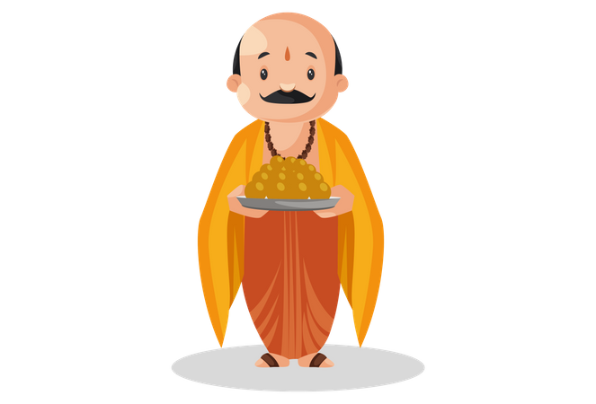 Male pandit standing with sacrament plate in his hand Illustration