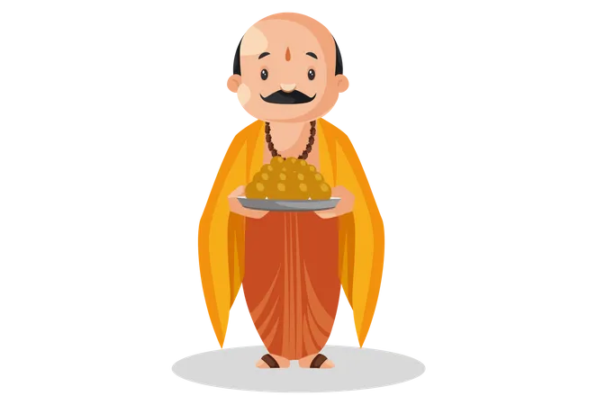 Male pandit standing with sacrament plate in his hand Illustration