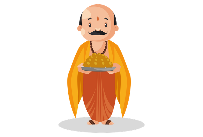 Male pandit standing with sacrament plate in his hand  Illustration