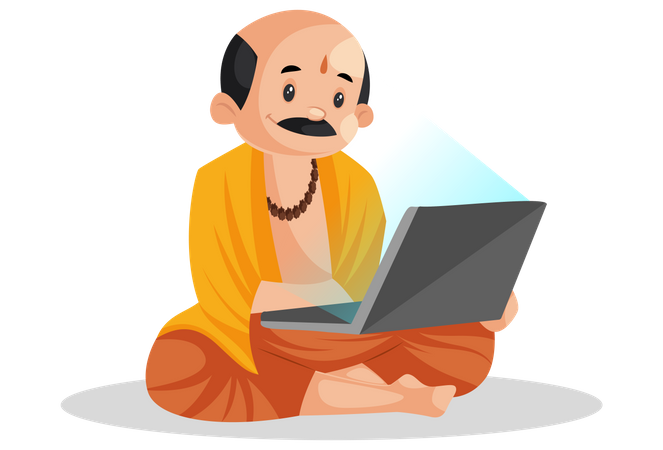 Pandit mâle travaillant sur un ordinateur portable  Illustration