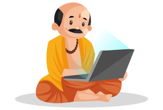 Male pandit working on laptop Illustration