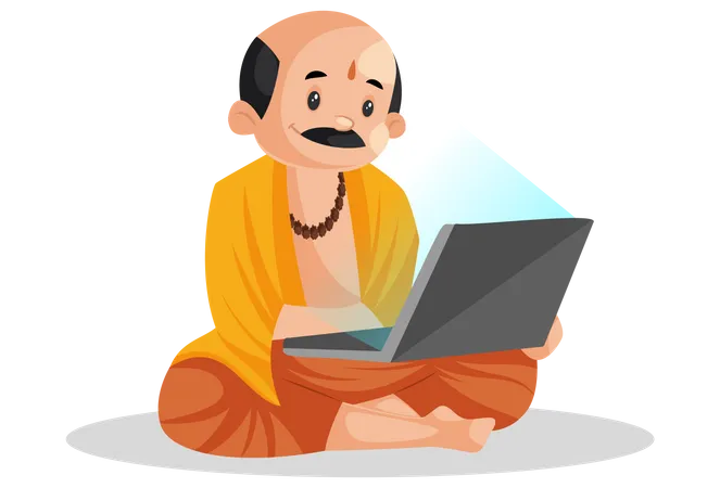 Male pandit working on laptop  Illustration