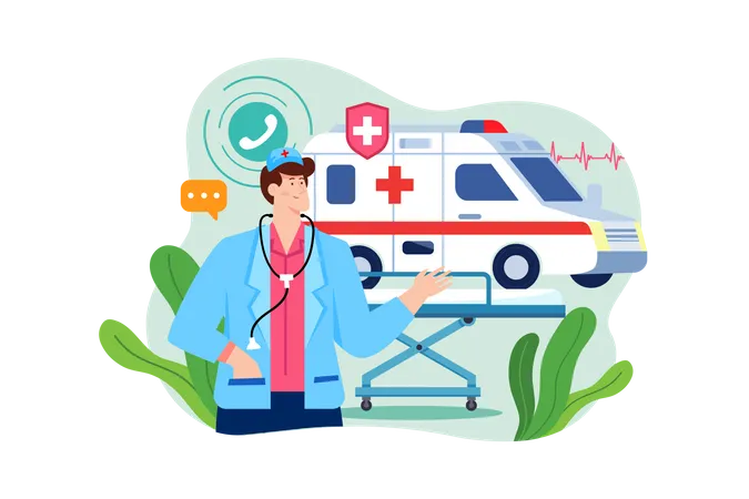 Male paramedic and ambulance van  Illustration