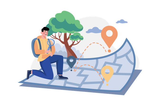 Male passenger is looking for a tourist destination on the map Illustration