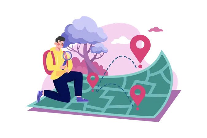 Male passenger is looking for a tourist destination on the map  Illustration