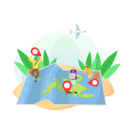 Male passenger is looking for a tourist destination on the map  Illustration