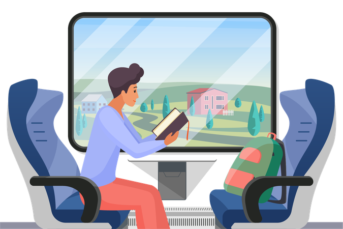 Male passenger sitting by window to read book  Illustration