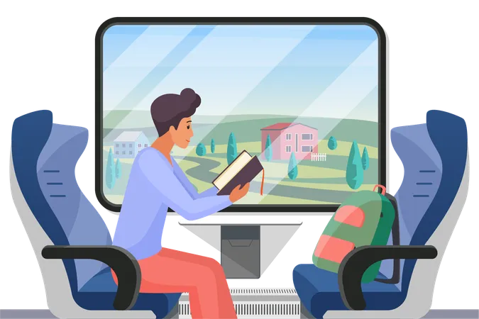 Man Traveling Alone In Train Compartment Young Male Passenger Sitting On Comfortable Chair By Window In Modern Carriage Interior To Read Book And Travel In Comfort Cartoon Vector Illustration Illustration