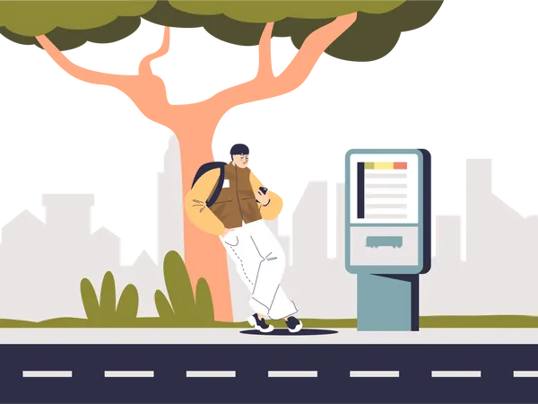 Male Passenger Waiting For Bus Buy Ticket For Public Urban Transport At Electronic Self Service Machine City Transportation Concept Cartoon Flat Vector Illustration Illustration