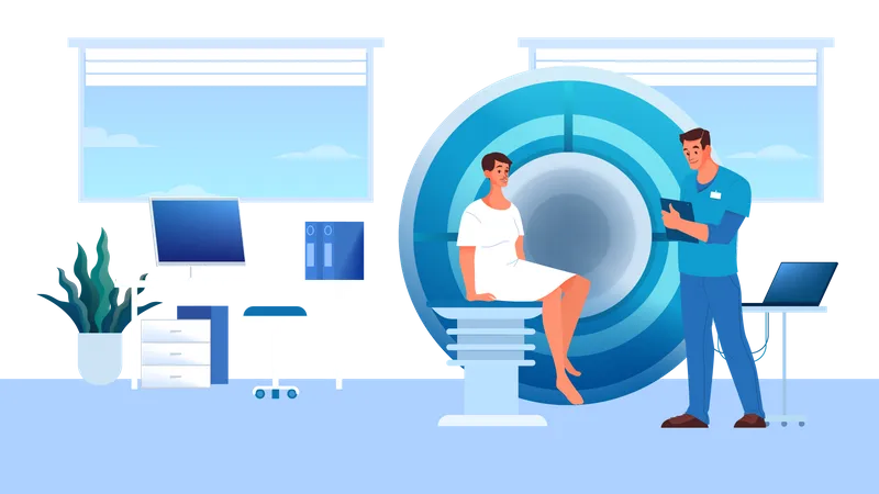 Magnetic Resonance Imaging In Hospital Medical Research And Diagnosis Modern Tomographic Scanner Patient In MRI Isolated Vector Illustration In Cartoon Style Illustration