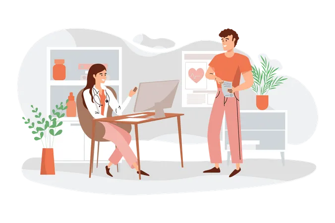 Male patient consulting with female doctor  Illustration