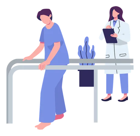 Male Patient Takes First Steps Using Orthopedic Parallel Bars  Illustration