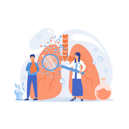 Male patient with anaphylactic symptoms and doctor with magnifier  Illustration