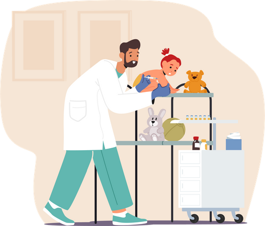 Male Pediatrician Administers Vaccines To Baby For Protection Against Diseases  Illustration