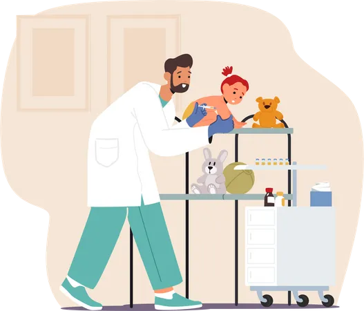 Pediatrician Male Character Administers Vaccines To Baby For Protection Against Diseases Doctor Evaluate Immunization Schedule And Monitor The Childs Health Cartoon People Vector Illustration Illustration