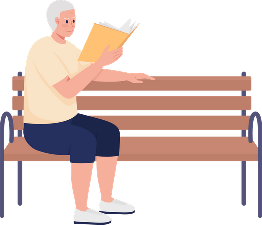 Male pensioner reading book and sitting on bench  Illustration