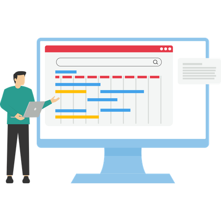 Male person standing in front of computer with project management calendar software planning business project  Illustration