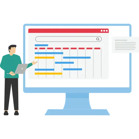 Male person standing in front of computer with project management calendar software planning business project  Illustration