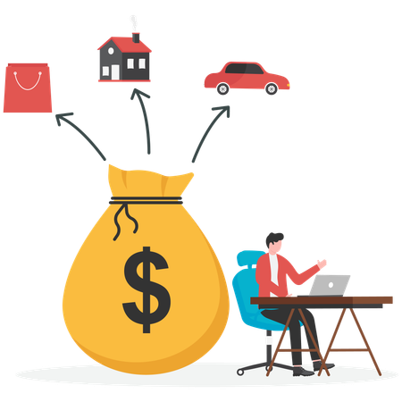 Male person with laptop saving money for holiday house  Illustration