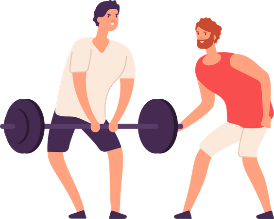 Male personal coach helps bodybuilder guy training exercising gym  일러스트레이션
