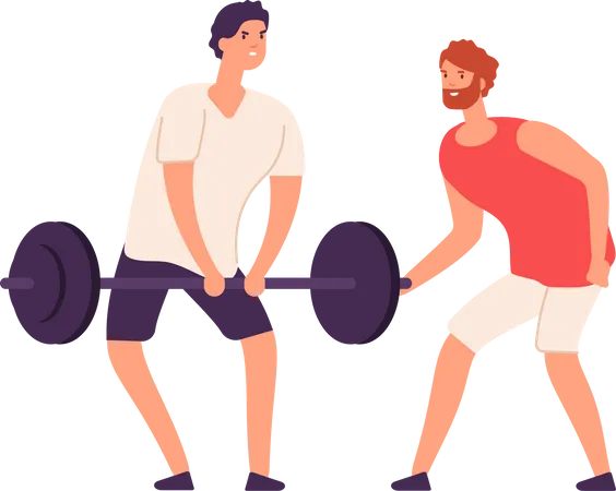 Fitness Trainer Male Personal Coach Helps Bodybuilder Guy Training Exercising Gym Isolated Vector Set Coach Gym Training Trainer Fitness Instructor Illustration Illustration