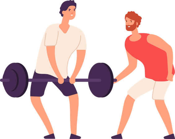 Male personal coach helps bodybuilder guy training exercising gym  Illustration