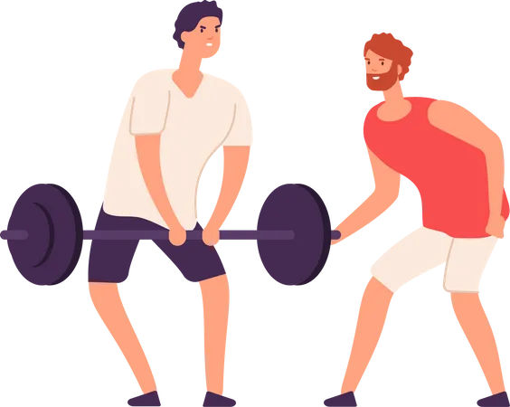 Male personal coach helps bodybuilder guy training exercising gym  Illustration