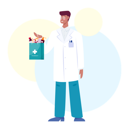 Male pharmacist holding bag  Illustration