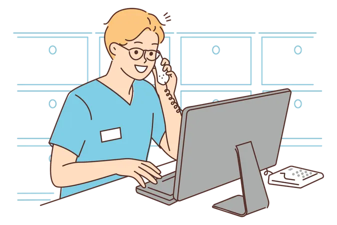 Male pharmacist working on computer  Illustration