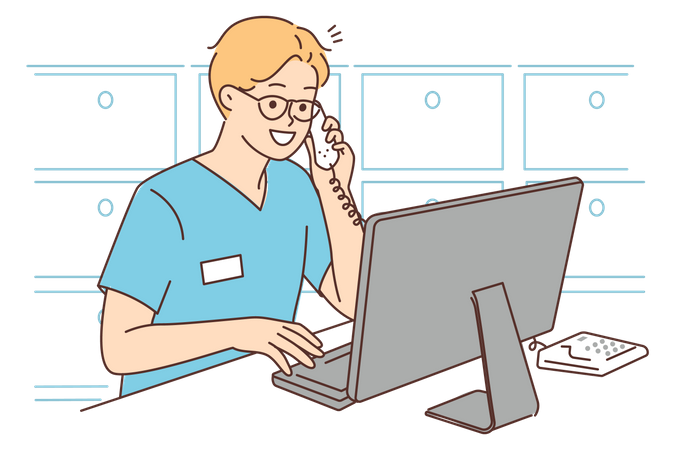 Male pharmacist working on computer  Illustration