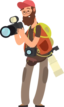 Funny Professional Photographer With Camera Taking Photo In Different Poses Vector Cartoon Character Illustration