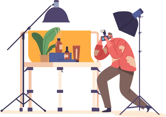 Photographer Male Character Captures Cosmetics In A Well Lit Photo Studio Showcasing Vibrant Colors And Textures For Promotional And Marketing Purposes Cartoon People Vector Illustration Illustration