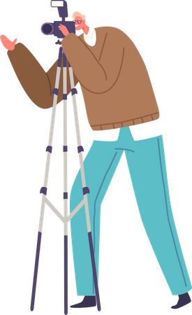 Male Photographer Capturing Moments With Camera on Tripod  Illustration