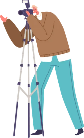 Male Photographer Capturing Moments With Camera on Tripod  Illustration