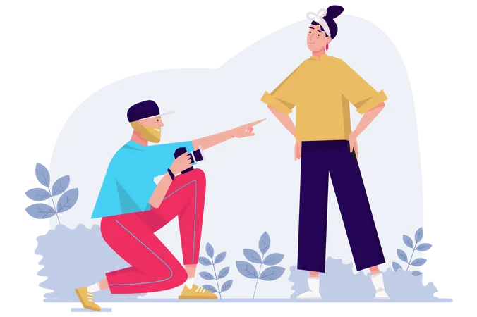 Photo Studio Concept With People Scene In The Flat Cartoon Design The Photographer Shows The Model How To Pose Correctly To Look Better In The Frame Vector Illustration Illustration