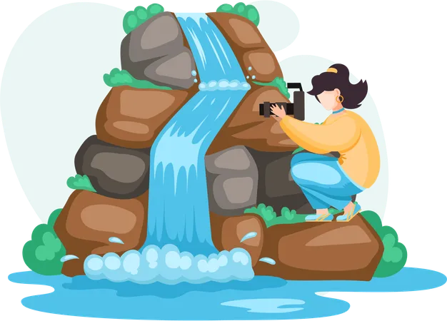 Male photographer taking photos of waterfall  Illustration